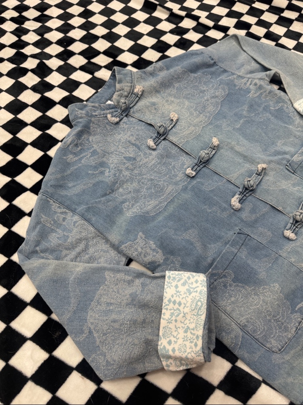 Blue Dragon-Pattern Denim Mandarin Jacket - Picture 3 of 8